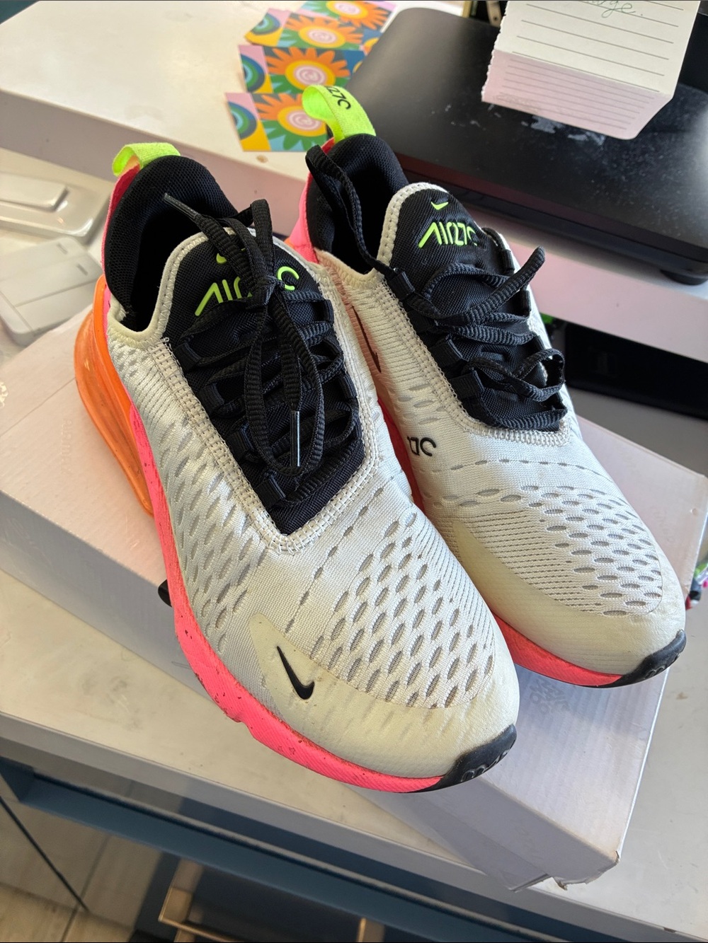 Nike women’s ' Air Max 270 React Lightweight Sneakers - White/Neon Pink/Orange